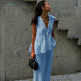 Summer Deep V Plunge Button Sleeveless Top Baggy Straight Trousers Solid Color Set