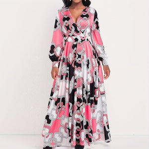 Plus Size Women Clothing Elegant Graceful Printed V Neck No Belt Large Swing Dress