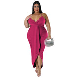 Plus Size Women Clothing Adjustable Shoulder Strap Sleeveless V Neck Stretch Dress