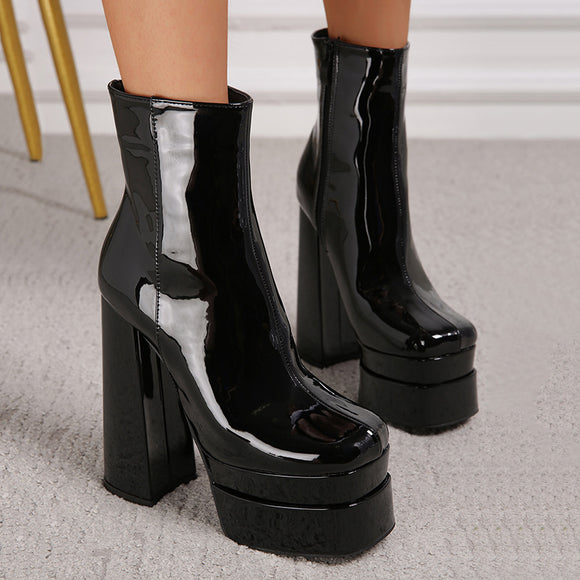 Autumn Chunky Heel Short Boots Women Side Zipper Waterproof Platform High Heel Boots