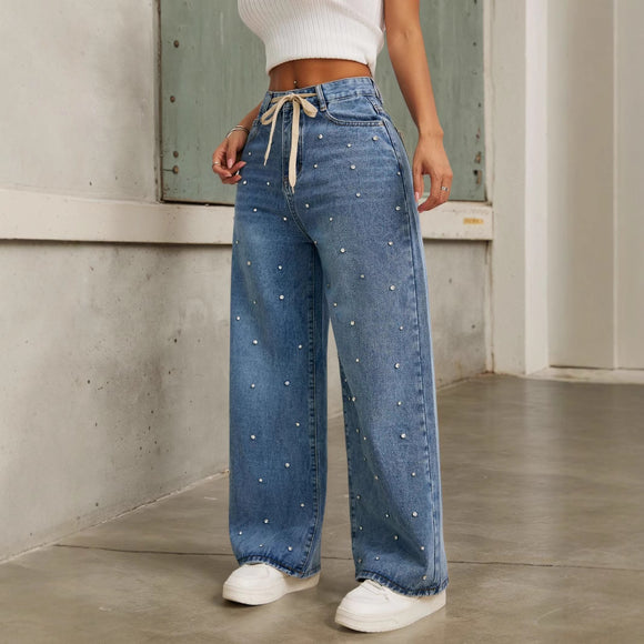 Beaded Jeans Women Summer High Waist Loose Slimming Straight Wide Leg Mopping Pant Belt Baht