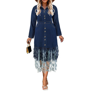 Plus Size Women Clothing Stitching Denim Collared Long Sleeve Tassel Mid Length Dress
