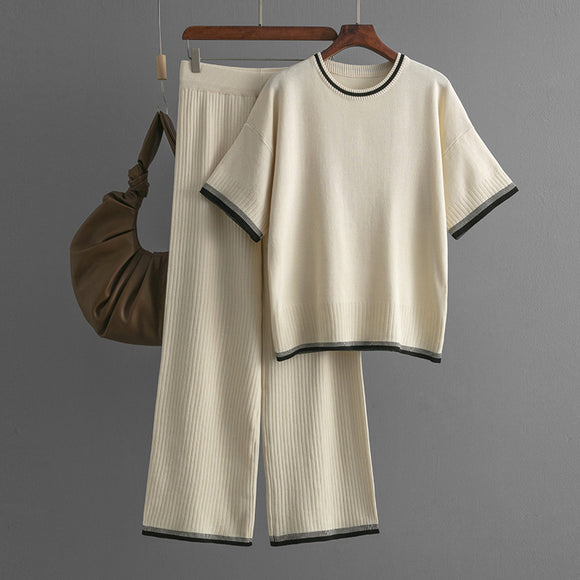 Summer Simple round Neck Short Sleeve Top Sunken Stripe Slimming Draped Pants Color-Contrasting Stripe Knitted Two Piece