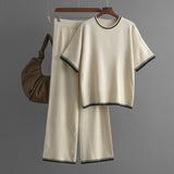 Summer Simple round Neck Short Sleeve Top Sunken Stripe Slimming Draped Pants Color-Contrasting Stripe Knitted Two Piece