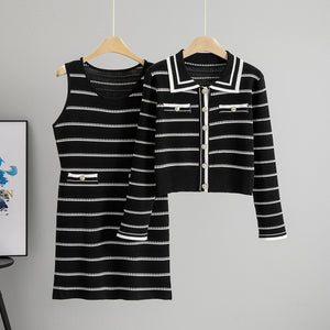 Knitted Dress Women Summer Lazy Casual Striped Cardigan Dress Two Piece Sets