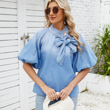 Spring Retro Loose Neckline Lace up Denim Shirt Bow Top Women