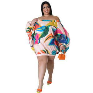 Plus Size Sexy Loose Women Wear Off Shoulder Printed Batwing Sleeve Short Dress