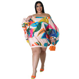 Plus Size Sexy Loose Women Wear Off Shoulder Printed Batwing Sleeve Short Dress