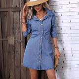 Retro Waist Controlled Slimming Long Sleeve Denim Dress