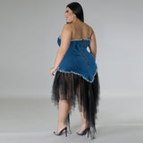 Plus Size Sling off Neck Women Clothing Denim Stitching Mesh Dress