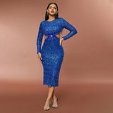 Autumn Winter Women Clothing Dress Hollow Out Cutout out Stitching Sequ Maxi Dress