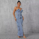 Women Clothing Casual Tube Top Tooling Large Pocket Denim Dress