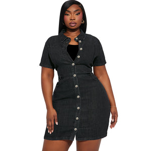 Plus Size Women Rollneck Short Sleeve Shirt Button Short Denim Dress