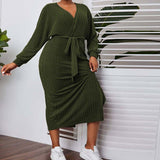 Plus Size Women Clothes V neck Lantern Sleeve Dress Autumn Winter Elegant A line Midi Dress