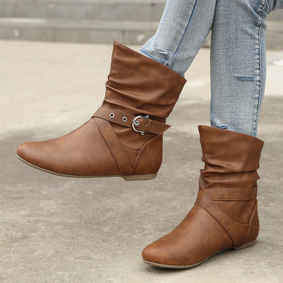 Round Toe Women Boots Flat Faux Leather Rivet Women Short Boots Belt Buckle Metal Brown Low Tube Women Boots