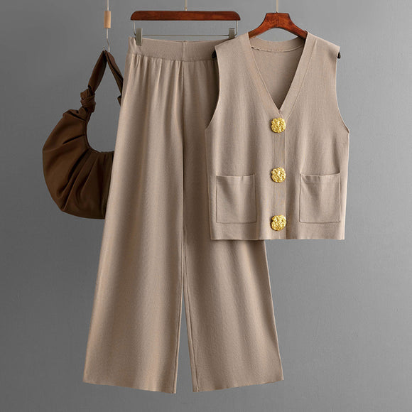 Women Summer Sleeveless Button Knitted Top Solid Color Casual Wide Leg Pants Two Piece Set
