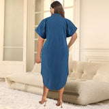 Plus Size Women Clothing Denim Short Sleeved Button Mid Length Width Dress
