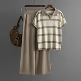 Summer Mixed Color Stripe Polo Collar Casual Short Sleeve Knitted Top Solid Color Loose Wide Leg Pants Two Piece Set