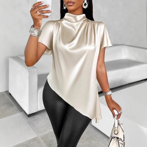 Satin Shirt Autumn Winter Batwing Sleeve Asymmetric Hem Shirt Top