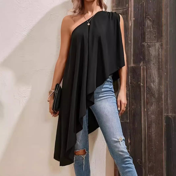 Women Solid Color Casual Sloping Shoulder Off The Shoulder Irregular Asymmetric Sleeveless Loose Top Dress