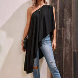 Women Solid Color Casual Sloping Shoulder Off The Shoulder Irregular Asymmetric Sleeveless Loose Top Dress