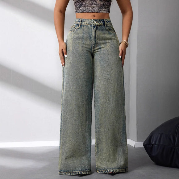 Women Clothing Retro Loose Wide Leg Jeans