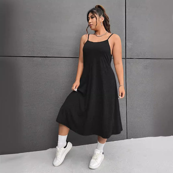 Plus Size Women Clothes Casual U Neck Sleeveless Dress High Waist A line Slip Dress