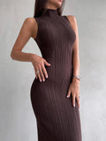 Knitted Turtleneck Sleeveless Tight Spring Summer Mid Length Dress Elegant French Dress