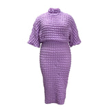 Plus Size Solid Color Seersucker Batwing Sleeve Top Skirt Two Piece Set