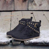 Vintage Suede Short Tassel Boots Women Flat Belt Buckle Single Boots