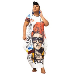 Plus Size Women Clothing Positioning Printing with Pockets Loose Dress for Women