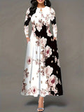Women Clothing round Neck Long Sleeve Printed Pocket Cinched Swing Dress plus Size Maxi Dress Women