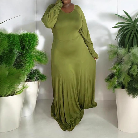 Plus Size Women Clothing Long Sleeve Round Neck Frill Dress