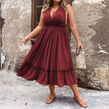 Plus Size Women Roman Vacation Dress Summer V neck Halter Midi Dress
