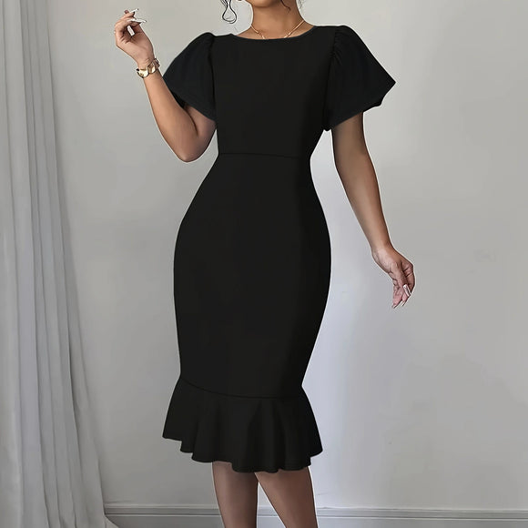 Plus SizeWomen Clothing Fashionable Elegant round Neck Ruffled Hem Mid Length Dress
