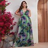 Plus Size Chiffon Spaghetti Straps Sleeveless Maxi Dress Summer Printed V neck Vacation Dress
