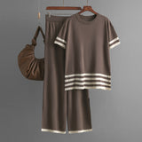 Contrast Color Striped Slit Short Sleeve Sweater High Waist Slimming Wide Leg Pants Trousers Casual Two Piece Set