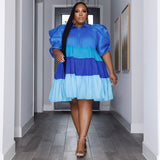 Plus Size Stitching Contrast Color Puff Sleeve Large Swing Women Clothing Dress