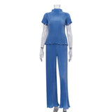 Spring Slimming T shirt High Waist Blue Pleated Wide Leg Pants Casual Women Clothing Fashion Suit