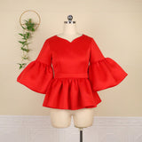 V-neck Flared Sleeves Flounced All-Match Solid Color Stretch plus Size Women