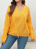 plus Size Women Woven Shirt Women Clothes Autumn Winter V-neck Beard Tassel Splicing Pullover Sweater