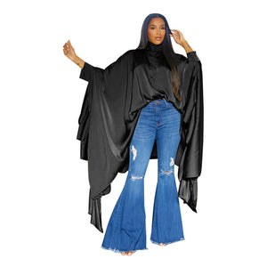 Women Clothing Autumn Pleated Long Solid Color Shawl Shirt