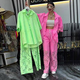 Spring Long Sleeve Shirt Stitching Lace Two Piece Set Women Pants Set