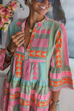 Women Stand Alone Autumn Clothing Printed V-neck Three Quarter Sleeve Dress