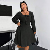 Plus Size Autumn Winter Women Clothing Square Collar Long Sleeve Waist Mini Fleece Sunken Stripe Dress