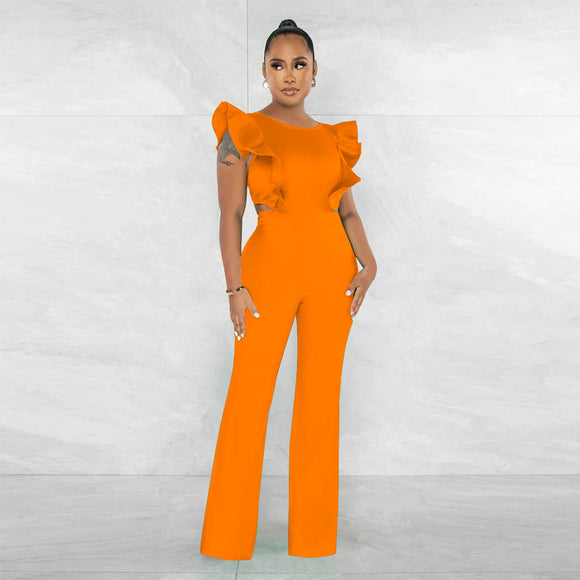 Women Clothing Summer Ruffled round Neck Solid Color Jumpsuit