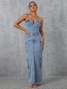 Women Clothing Casual Tube Top Tooling Large Pocket Denim Dress