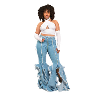 Plus Size Women Clothing Tassel Split Slightly Flared Long Jeans