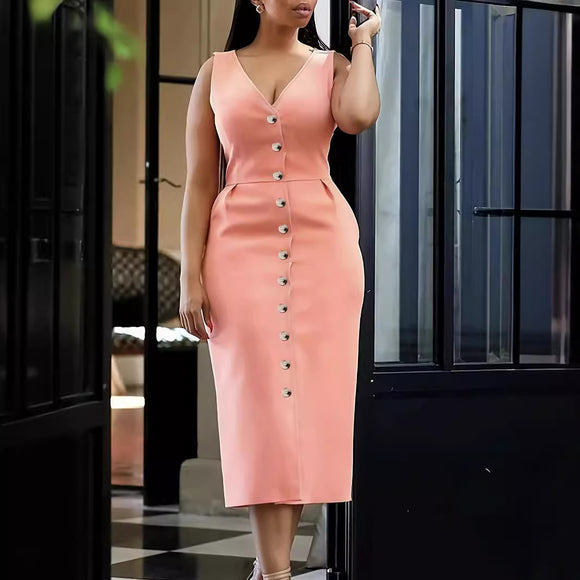 Plus Size Women Clothing Spring Summer Elegant V neck Skin Color Solid Color Jumpsuit Sheath Dress