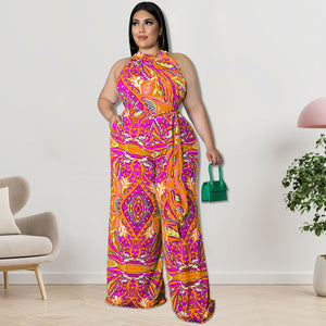 Plus Size Women Clothes Printing Collar Jumpsuit